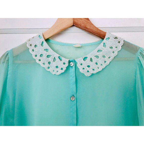Seafoam mint teal sheer blouse with Sequin Collar - Picture 2 of 6